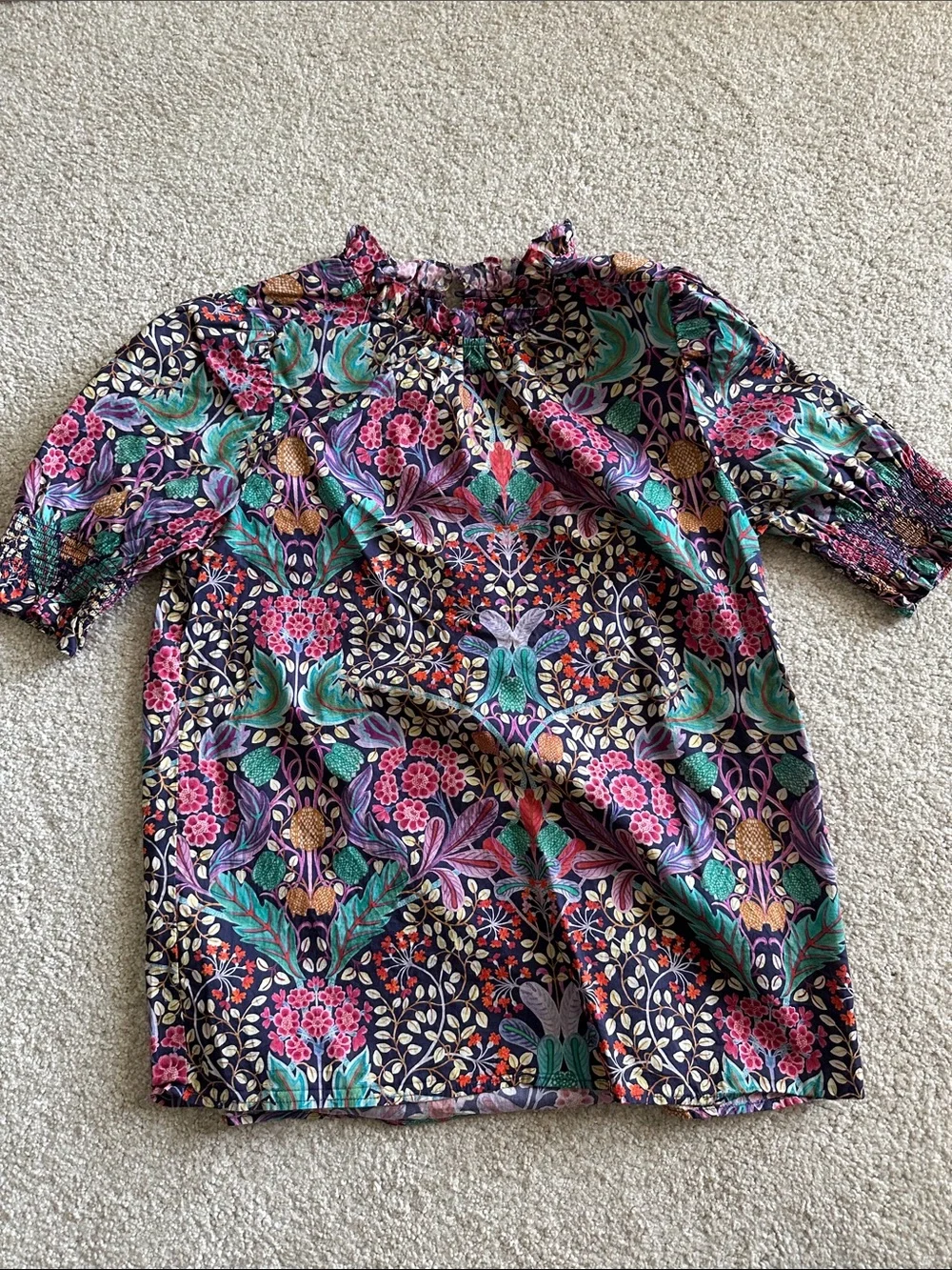 J. Crew liberty fabric Floral Puff-Sleeve Peasant Blouse in Navy, Pink & Teal